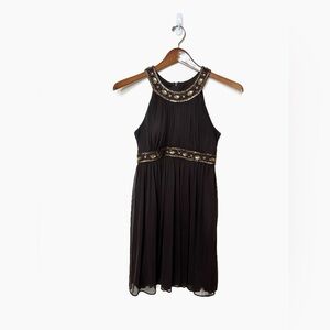 Cache Goddess style Empire Waist Dress, size 8, Brown w/ Gold & Bronze Beading
